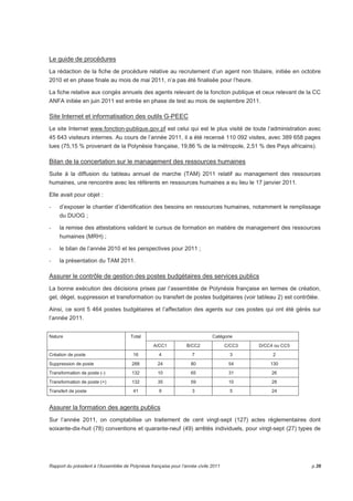 Le guide de procédures 
La rédaction de la fiche de procédure relative au recrutement d’un agent non titulaire, initiée en octobre 
2010 et en phase finale au mois de mai 2011, n’a pas été finalisée pour l’heure. 
La fiche relative aux congés annuels des agents relevant de la fonction publique et ceux relevant de la CC 
ANFA initiée en juin 2011 est entrée en phase de test au mois de septembre 2011. 
Site Internet et informatisation des outils G-PEEC 
Le site Internet www.fonction-publique.gov.pf est celui qui est le plus visité de toute l’administration avec 
45 643 visiteurs internes. Au cours de l’année 2011, il a été recensé 110 092 visites, avec 389 658 pages 
lues (75,15 % provenant de la Polynésie française, 19,86 % de la métropole, 2,51 % des Pays africains). 
Bilan de la concertation sur le management des ressources humaines 
Suite à la diffusion du tableau annuel de marche (TAM) 2011 relatif au management des ressources 
humaines, une rencontre avec les référents en ressources humaines a eu lieu le 17 janvier 2011. 
Elle avait pour objet : 
- d’exposer le chantier d’identification des besoins en ressources humaines, notamment le remplissage 
du DUOG ; 
- la remise des attestations validant le cursus de formation en matière de management des ressources 
humaines (MRH) ; 
- le bilan de l’année 2010 et les perspectives pour 2011 ; 
- la présentation du TAM 2011. 
Assurer le contrôle de gestion des postes budgétaires des services publics 
La bonne exécution des décisions prises par l’assemblée de Polynésie française en termes de création, 
gel, dégel, suppression et transformation ou transfert de postes budgétaires (voir tableau 2) est contrôlée. 
Ainsi, ce sont 5 464 postes budgétaires et l’affectation des agents sur ces postes qui ont été gérés sur 
l’année 2011. 
Nature Total Catégorie 
A/CC1 B/CC2 C/CC3 D/CC4 ou CC5 
Création de poste 16 4 7 3 2 
Suppression de poste 288 24 80 54 130 
Transformation de poste (-) 132 10 65 31 26 
Transformation de poste (+) 132 35 59 10 28 
Transfert de poste 41 9 3 5 24 
Assurer la formation des agents publics 
Sur l’année 2011, on comptabilise un traitement de cent vingt-sept (127) actes réglementaires dont 
soixante-dix-huit (78) conventions et quarante-neuf (49) arrêtés individuels, pour vingt-sept (27) types de 
Rapport du président à l’Assemblée de Polynésie française pour l’année civile 2011 p.39 
 