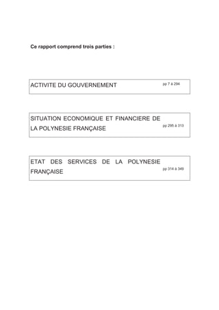 Ce rapport comprend trois parties : 
ACTIVITE DU GOUVERNEMENT pp 7 à 294 
SITUATION ECONOMIQUE ET FINANCIERE DE 
LA POLYNESIE FRANÇAISE pp 295 à 313 
ETAT DES SERVICES DE LA POLYNESIE 
FRANÇAISE pp 314 à 349 
 