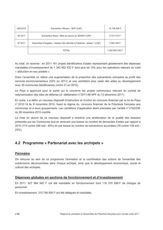 290.2010 Subvention Hikueru - AEP (CdP) 10 738 636 F 
45.2011 Subvention Reao - Mise en oeuvre du SDAEP (CdP) 8 727 273 F 
57.2011 Subvention Fangatau - Gestion des déchets à Fakahina - phase 1 (CdP) 3 545 454 F 
TOTAL 1 342 952 432 F 
Au total, on recense : en 2011 161 projets bénéficiaires d’aides représentant globalement des dépenses 
mandatées d’investissement de 1 342 952 432 F dont plus de 13% pour les opérations relevant du volet 
« adduction en eau potable ». 
Dans l’ensemble on relève une augmentation de la proportion des subventions octroyées au profit des 
services environnementaux (52% en 2011) et une ventilation plus vaste des aides au développement 
avec 35 communes bénéficiaires( contre 31 en 2010). 
Le Pays a approuvé pour la partie qui le concerne les projets communaux relevant du contrat de 
redynamisation des sites de défense (cf. délibération n° 2011-96 APF du 12 décembre 2011) 
En outre, il a défini un nouveau dispositif d’instruction et d’octroi du concours financier par la loi du Pays 
n° 2010.14 du 8 novembre 2010, fixant le régime du concours financier de la Polynésie française aux 
communes et à leurs groupements. Les conditions d’application étant précisées par l’arrêté n° 2192/CM 
du 26 novembre 2010 modifié. 
La mise en oeuvre de ce nouveau dispositif a entraîné une amélioration de la qualité des dossiers 
présentés par les Communes tout en amenant une baisse du nombre de demandes d’aides par rapport à 
2010 (173 contre 288 soit - 40%) et une baisse du nombre de subventions accordées (78 contre 134 soit - 
23%). 
4.2 Programme « Partenariat avec les archipels » 
Périmètre 
On retrouve au sein de ce programme l'animation et la coordination des actions de l'ensemble des 
subdivisions déconcentrées dans chaque archipel, ainsi que le développement économique, social et 
culturel des archipels. 
Dépenses globales en sections de fonctionnement et d’investissement 
En 2011, 927 984 945 F ont été mandatés en fonctionnement dont 116 570 898 F de charges de 
personnel. 
En investissement, 315 740 000 F ont été délégués et mandatés. 
p.54 Rapport du président à l’Assemblée de Polynésie française pour l’année civile 2011 
 