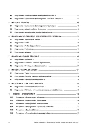 4.4 Programme « Projets pilotes de développement durable »................................................. 61 
4.5 Programme « Equipements et aménagement à vocation collective »................................. 63 
5 MISSION « TOURISME »................................................................................................... 65 
5.1 Programme « Equipements et aménagements touristiques »............................................. 65 
5.2 Programme « Aide et régulation du tourisme ».................................................................... 66 
5.3 Programme « Animation et promotion du tourisme ».......................................................... 71 
6 MISSION « DEVELOPPEMENT DES RESSOURCES PROPRES ».................................. 75 
6.1 Programme « Agriculture et élevage ».................................................................................. 75 
6.2 Programme « Forêts » ........................................................................................................... 85 
6.3 Programme « Pêche et aquaculture »................................................................................... 86 
6.4 Programme « Perliculture »................................................................................................... 95 
6.5 Programme « Artisanat »......................................................................................................100 
7 MISSION « ECONOMIE GÉNÉRALE » ........................................................................... 102 
7.1 Programme « Régulation »...................................................................................................102 
7.2 Programme « Commerce extérieur et promotion » .............................................................114 
7.3 Programme « Développement des entreprises » ................................................................121 
8 MISSION « TRAVAIL ET EMPLOI »................................................................................ 124 
8.1 Programme « Travail »..........................................................................................................124 
8.2 Programme « Emploi et insertion professionnelle » ...........................................................130 
8.3 Programme « Formation professionnelle » .........................................................................134 
9 MISSION « CULTURE ET PATRIMOINE »...................................................................... 149 
9.1 Programme « Culture et art contemporain » .......................................................................149 
9.2 Programme « Patrimoine et transmission des savoirs traditionnels » ..............................155 
10 MISSION « ENSEIGNEMENT ».................................................................................... 162 
10.1 Programme « Enseignement primaire » ...........................................................................162 
10.2 Programme « Enseignement secondaire » ......................................................................168 
10.3 Programme « Enseignement professionnel »..................................................................170 
10.4 Programme « Enseignement supérieur et recherche » ...................................................173 
10.5 Programme « Soutien à l’élève » ......................................................................................175 
10.6 Programme « Promotion des langues polynésiennes »..................................................177 
p.8 Rapport du président à l’Assemblée de Polynésie française pour l’année civile 2011 
 