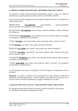 Gestion de Production de Films Promotionnels
Base de Données & Indexation 5
Master1 IMI – 2010/11
4. MODELE LOGIQUE DES DONNEES : DETERMINATION DES TABLES
En utilisant le schéma Entité/Association précédemment réalisé, et grâce aux règles de
transformation, nous déterminons les tables à entrer sous le SGBD : ACCESS.
Voici la liste des entités résultantes de notre modèle conceptuel de Gestion de Production de
Films Promotionnels
PRODUCTEUR (ref_producteur, nom_producteur, prenom_producteur,
adresse_producteur, tel_producteur, nom_entreprise)
REALISATEUR (ref_realisateur, nom_realisateur, prenom_realisateur, adresse_realisateur,
tel_realisateur)
CONCEPTEUR (ref_concepteur, nom_concepteur, prenom_concepteur, adresse_concepteur,
tel_concepteur, comptences, nom_entreprise)
CLIENT (ref_client, nom_client, qualité_client, représentant, adresse_client, tel_client)
FILMS (ref_film, num_clipub*, titre, année_prod, nom_réalisateur)
PRODUITS (ref_produit, num_clipub*, nom_produit, type_produit, entreprise)
ACTEURS (ref_acteur, num_clipub*, nom_acteur, prénom_acteur, domaine, nom_agent,
adresse_agent, tel_agent)
FIGURANTS (ref_figurant, num_clipub*, nom_figurant, prénom_figurant, adresse_figurant,
tel_figurant, nb_participation)
CLIPUB (num_clipub, type_clipub, date_production, durée, ref_client*, ref_concepteur*,
ref_réalisateur*, ref_producteur*)
Les clés primaires sont en gras et soulignées et les clés étrangères sont mentionnées avec un
astérisque.
Remarque : Les parties du MCD en bleu représentent une autre manière de solliciter la
production d’un film promotionnel : le client s’adresse à un producteur de son choix qui, à
son tour, contacte une boite de production et engage le réalisateur de son choix.
5. REALISATION AVEC ACCESS : CREATION DES TABLES / RELATIONS
Respect des étapes décrites dans le cours pour la création des tables et des relations.
Introduction de données et remplissage des tables.
 