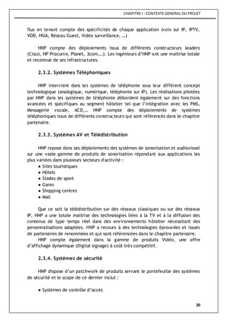 CHAPITRE I : CONTEXTE GENERAL DU PROJET
20
flux en tenant compte des spécificités de chaque application (voix sur IP, IPTV,
VOD, HSIA, Réseau Guest, Vidéo surveillance, …)
HNP compte des déploiements issus de différents constructeurs leaders
(Cisco, HP Procurve, Planet, 3com,…). Les ingénieurs d’HNP ont une maitrise totale
et reconnue de ses infrastructures.
2.3.2. Systèmes Téléphoniques
HNP intervient dans les systèmes de téléphonie sous leur différent concept
technologique (analogique, numérique, téléphonie sur IP). Les réalisations pilotées
par HNP dans les systèmes de téléphonie débordent également sur des fonctions
avancées et spécifiques au segment hôtelier tel que l’intégration avec les PMS,
Messagerie vocale, ACD,… HNP compte des déploiements de systèmes
téléphoniques issus de différents constructeurs qui sont référencés dans le chapitre
partenaire.
2.3.3. Systèmes AV et Télédistribution
HNP repose dans ses déploiements des systèmes de sonorisation et audiovisuel
sur une vaste gamme de produits de sonorisation répondant aux applications les
plus variées dans plusieurs secteurs d'activité :
● Sites touristiques
● Hôtels
● Stades de sport
● Gares
● Shopping centres
● Mall
Que ce soit la télédistribution sur des réseaux classiques ou sur des réseaux
IP, HNP a une totale maitrise des technologies liées à la TV et à la diffusion des
contenus de type temps réel dans des environnements hôtelier nécessitant des
personnalisations adaptées. HNP a recours à des technologies éprouvées et issues
de partenaires de renommées et qui sont référencées dans le chapitre partenaire.
HNP compte également dans la gamme de produits Vidéo, une offre
d’affichage dynamique (Digital signage) à coût très compétitif.
2.3.4. Systèmes de sécurité
HNP dispose d’un patchwork de produits servant le portefeuille des systèmes
de sécurité et le scope de ce dernier inclut :
● Systèmes de contrôle d’accès
 