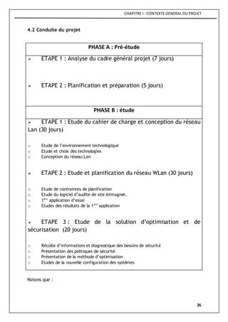 CHAPITRE I : CONTEXTE GENERAL DU PROJET
26
4.2 Conduite du projet
PHASE A : Pré-étude
 ETAPE 1 : Analyse du cadre général projet (7 jours)
 ETAPE 2 : Planification et préparation (5 jours)
PHASE B : étude
 ETAPE 1 : Etude du cahier de charge et conception du réseau
Lan (30 jours)
o Etude de l’environnement technologique
o Etude et choix des technologies
o Conception du réseau Lan
 ETAPE 2 : Etude et planification du réseau WLan (30 jours)
o Etude de contraintes de planification
o Etude du logiciel d’audite de site Airmagnet.
o 1èr e
application d’essai
o Etudes des résultats de la 1èr e
application
 ETAPE 3 : Etude de la solution d’optimisation et de
sécurisation (20 jours)
o Récolte d’informations et diagnostique des besoins de sécurité
o Présentation des politiques de sécurité
o Présentation de la méthode d’optimisation
o Etudes de la nouvelle configuration des systèmes
Notons que :
 
