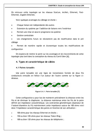 CHAPITRE II : Etude et conception du réseau LAN
40
On retrouve cette topologie sur les réseaux StarLan, ArcNet, Ethernet, Fast-
Ethernet, Gigabit-Ethernet.
Voici quelques avantages du câblage en étoile :
 Chaque liaison est indépendante des autres
 Extension du système par l’addition de liaisons vers l’extérieur
 Permet une mise en œuvre progressive du système
 Gestion centralisée
 Les changements futurs ne nécessitent pas de modification dans le pré
câblage
 Permet de manière rapide et économique toutes les modifications de
configuration
On essaiera de mettre le point sur les avantages et les inconvénients de cette
topologie plus tard dans la conception du réseau du Carré Eden [6].
4. Types et caractéristique de câbles
4.1 Paires torsadés
Une paire torsadée est une ligne de transmission formée de deux fils
conducteurs enroulés en hélice l’un autour de l’autre comme sur la figure ci-
dessous.
Cette configuration a pour but de maintenir précisément la distance entre les
fils et de diminuer la diaphonie. La distance maintenue entre les fils de la paire
définit son impédance caractéristique. Les contraintes géométriques (épaisseur de
l’isolant/diamètre du fil) maintiennent cette impédance autour de 100 ohms voici
donc l’impédance caractéristique des paires en fonction de son utilisation :
 100 ohms pour les réseaux Ethernet en étoile ;
 150 ou bien 105 ohms pour les réseaux Token Ring ;
 100 ou bien 120 ohms pour les réseaux de téléphonie ;
Figure II.4.1 : Paire torsadée [7]
 