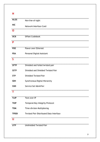 7
N
NLOS
NIC
Non-line-of-sight
Network Interface Card
O
OCB Offset Codebook
P
POE
PDA
Power over Ethernet
Personal Digital Assistant
S
SFTP
SSTP
STP
SDH
SSID
Shielded and foiled twisted pair
Shielded and Shielded Twisted Pair
Shielded Twisted Pair
Synchronous Digital Hierarchy
Service Set Identifier
T
ToIP
TKIP
TDM
TPDDI
Text over IP
Temporal Key Integrity Protocol
Time-division Multiplexing
Twisted Pair Distributed Data Interface
U
UTP Unshielded Twisted Pair
 