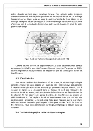 CHAPITRE III : Etude et planification du réseau WLAN
70
points d’accès devient assez complexe lorsque l’on rajoute cette troisième
dimension verticale. Une façon de procéder est de disposer les AP en un maillage
hexagonal au 1er étage, puis on place les points d’accès du 2eme étage en un
maillage hexagonal décalé par rapport à celui du 1er étage de sorte qu’aucun point
d’accès ne soit à la verticale directe d’un autre point d’accès. Et ainsi de suite
pour chaque étage.
Comme on peut le voir, un déploiement en 3D avec seulement trois canaux
est presque irréalisable sans interférences. Dans ce contexte, l’avantage du 5 GHz
est très important il nous permettra de disposer de plus de canaux pour éviter les
interférences.
6.3. L’audit de site
Pour savoir combien d’AP installer et où les placer, la solution la plus simple
consiste à réaliser ce qu’on appelle un « audit de site » (site survey). Cela consiste
à installer un ou plusieurs AP aux endroits qui paraissent les plus adaptés, puis à
mesurer le signal en se déplaçant dans les locaux. Il n’est pas nécessaire de
connecter les AP au réseau, mais simplement de les alimenter en électricité et de
les allumer. Si l’on observe des zones d’ombre, des interférences ou encore un
débit insuffisant, il faut déplacer les AP et recommencer. Bien que cela soit une
solution assez « artisanale », elle est assez fiable pour s’assurer que la couverture
radio soit bonne1. Les outils que l’on peut utiliser pour réaliser l’audit de site sont
très nombreux. Nous allons commencer par les plus simples pour aboutir aux plus
complets.
6.4. Outil de cartographie radio Surveyor Airmagnet
Figure III.6.2 (a): Déploiement des points d’accès en 3D [18]
 
