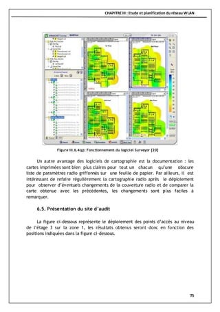CHAPITRE III : Etude et planification du réseau WLAN
75
Un autre avantage des logiciels de cartographie est la documentation : les
cartes imprimées sont bien plus claires pour tout un chacun qu’une obscure
liste de paramètres radio griffonnés sur une feuille de papier. Par ailleurs, il est
intéressant de refaire régulièrement la cartographie radio après le déploiement
pour observer d’éventuels changements de la couverture radio et de comparer la
carte obtenue avec les précédentes, les changements sont plus faciles à
remarquer.
6.5. Présentation du site d’audit
La figure ci-dessous représente le déploiement des points d’accès au niveau
de l’étage 3 sur la zone 1, les résultats obtenus seront donc en fonction des
positions indiquées dans la figure ci-dessous.
Figure III.6.4(g): Fonctionnement du logiciel Surveyor [20]
 