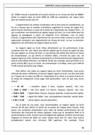 CHAPITRE III : Etude et planification du réseau WLAN
80
de -57dBm mesuré à proximité d’un point d’accès et un niveau de bruit de 90dBm
donne un rapport signa sur bruit (SNR) de 33dB qui représente une valeur saine
pour les réseaux locaux sans fil.
L’augmentation du nombre d’utilisateur devra être prise en considération, au
fur et a mesure que le nombre d’utilisateur augmente le niveau de signal d’un
point d’accès diminuera a cause de la perte de l’application de l’espace libre , ce
qui va entrainer une diminution du rapport signal sur bruit, ca va de même pour les
signaux se propageant à partir du dispositif d’un utilisateur vers un point
d’accès .L’augmentation des interférence du aux micro onde comme on avait cité
auparavant entrainera une augmentation du niveau de bruit ,ce qui va entrainer
également une diminution du rapport signal sur bruit.
Le rapport signal sur bruit influe directement sur les performance d’une
connexion sans fils, une valeur plus élevée signifie que le niveau du signal est plus
fort par rapport au niveau de bruit, ce qui permet des débits plus élevés et moins
de retransmission ,ce qui offrira un meilleur débit, l’inverse est aussi vrai. Un
rapport signal sur bruit inferieur entrainement un fonctionnement des équipements
sans fil à des débits inferieurs, Un SNR de 30 dB, par exemple, peut permettre à un
point d’accès 802.11g et un client de communiquer à 24 Mbps, alors qu'un SNR de
15 dB ne peut permettre que 6 Mbps.
Pour définir une valeur du rapport signal sur bruit référentielle, nous avons
effectué des tests a différents niveau du rapport signal sur bruit, ces test sont basé
sur l’impact de la valeur du SNR sur l’association d’un client a un point d’accès et
le temps de chargement d’une page web particulière, voici ce que nous avons
trouvé :
• > 40 dB = excellent signal 5 bars, toujours associé, très vite.
• 25dB à 40dB = très bon signal 3-4 barres, toujours associé, très vite.
• 15dB à 25dB = Signal faible 2 barres, toujours associée, le plus souvent rapide.
• 10dB - 15dB = signal très faible 1 bar, principalement associée; surtout lente.
• 5 dB à 10 dB = Aucun signal; aucune association.
Sur la base de ces tests, nous recommandons un rapport signal sur bruit
environ 20 dB pour définir la limite de la portée de chaque point d'accès. Cela
assure une constante d'association avec assez de bonnes performances lors de
l'exécution des fonctions de réseau typiques, telles que la navigation Web et la
synchronisation e-mail. Comme nous envisageons de déployer d’autres services plus
exigeant en termes de débit sur notre réseau local sans fil, alors nous aurons
probablement besoin d'un minimum SNR supérieur. Par exemple, Cisco
 