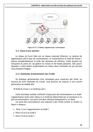 CHAPITRE IV : Optimisation du LAN et études des politiques de sécurité
87
2.3. Choix d'une solution
Le réseau du Carré Eden est un réseau commuté Ethernet. La solution de
segmentation LAN à base de commutateurs, en implémentant le VLAN de niveau 1
réduira considérablement la taille des domaines de diffusion. Cette solution est
attrayante du point de vue gestion du réseau et de bande passantes. Elle pourra
répondre à notre besoin d'optimisation du réseau dans l'utilisation de ses services
(voix/données/images).
2.3.1 Méthodes d'implantation des VLANs
On distingue généralement trois techniques pour construire des VLAN, en
fonction de leurs méthodes de travail, nous pouvons les associer à une couche
particulière du modèle OSI.
VLAN de niveau 1 ou VLAN par port :
Cette technique consiste à affecter chaque port des commutateurs à un VLAN.
L'appartenance d'une carte réseau à un VLAN est déterminée par sa connexion à un
port du commutateur. Les ports sont donc affectés statiquement à un VLAN.
Les ports des commutateurs sont associés à des VLANs comme le montre la
figure ci-dessous :
 Ports 1,2 et 3 appartiennent au VLAN 1
 Ports 4,5 et 6 au VLAN 2
 Ports 7 et 8 au VLAN 3
Figure IV.2.2.3 Réseau segmenté par commutateur
 
