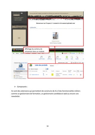  Composants :
Ce sont des extensions qui permettent de construire de A à Z des fonctionnalités métiers
comme un gestionnaire de formation, un gestionnaire candidature web ou encore une
newsletter.
18
Affichage du contenu de
virtuemart dans un module
 