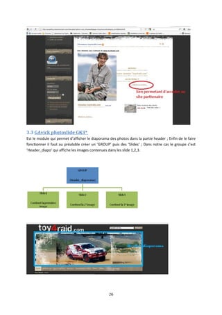3.3 GAvick photoslide GK3*
Est le module qui permet d’afficher le diaporama des photos dans la partie header ; Enfin de le faire
fonctionner il faut au préalable créer un ‘GROUP’ puis des ‘Slides’ ; Dans notre cas le groupe c’est
‘Header_diapo’ qui affiche les images contenues dans les slide 1,2,3.
26
 