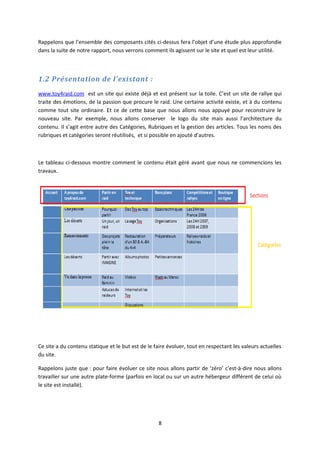 Rappelons que l’ensemble des composants cités ci-dessus fera l’objet d’une étude plus approfondie
dans la suite de notre rapport, nous verrons comment ils agissent sur le site et quel est leur utilité.
1.2 Présentation de l'existant :
www.toy4raid.com est un site qui existe déjà et est présent sur la toile. C’est un site de rallye qui
traite des émotions, de la passion que procure le raid. Une certaine activité existe, et à du contenu
comme tout site ordinaire. Et ce de cette base que nous allons nous appuyé pour reconstruire le
nouveau site. Par exemple, nous allons conserver le logo du site mais aussi l’architecture du
contenu. Il s’agit entre autre des Catégories, Rubriques et la gestion des articles. Tous les noms des
rubriques et catégories seront réutilisés, et si possible en ajouté d’autres.
Le tableau ci-dessous montre comment le contenu était géré avant que nous ne commencions les
travaux.
Ce site a du contenu statique et le but est de le faire évoluer, tout en respectant les valeurs actuelles
du site.
Rappelons juste que : pour faire évoluer ce site nous allons partir de ‘zéro’ c'est-à-dire nous allons
travailler sur une autre plate-forme (parfois en local ou sur un autre hébergeur différent de celui où
le site est installé).
8
 
