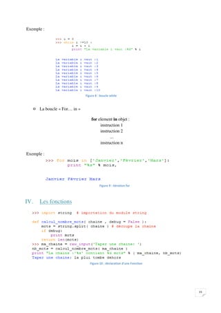 Exemple :




                                
        

      o La boucle « For… in »

                                    for element in objet :
                                         instruction 1
                                         instruction 2
                                               ...
                                         instruction n

Exemple :





                                          



IV.         Les fonctions




                                   

                                                     




                                                                             

 