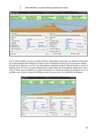 Radio Mobile : un outil d’aide à la planification radio




Sur la même fenêtre on peut recueillir d’autres informations concernant les hauteurs d’antennes
qu’on peut changer pour améliorer la liaison, aussi la fréquence de travail qu’on peut aussi changer.
En haut de la figure on a en fait, des informations importantes pour le bilan de liaison à savoir la
distance entre Tx et Rx, les pertes induitent par l’espace libre, par d’éventuelles obstructions, foret,
ville. Il donne aussi le PathLoss, la valeur du champ E, le niveau du signal à la réception en µV et
en dBm, avec en plus la valeur de différence entre ce qui est reçu et la sensibilité du récepteur.




                                                                                                     28
 