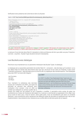 Vérifcation de la présence de la donnée et donc du Bucket:
La lecture d’une donnée dans Riak KV nécessite la même architecture de lien que celle vue pour l’insertion.
Les trois « couches » Bucket Type, Bucket et clé sont nécessaires.
Les Buckets avec datatype
Penchons nous maintenant sur un paramètre intéressant des Bucket Types : le datatype.
Le datatype est un paramètre permettant de rendre Riak KV « conscient » des données qu’il contient. Là où
par défaut Riak KV stocke des documents sans que leur structure et leur sens ne l’importe, il peut aussi
« prendre conscience » des données qu’on lui fournit afn d’y appliquer des transformations. Trois datatypes
issus des CRDT ont alors été intégrés :
- les Counters
- les Sets
- les Maps
Pour maintenir la cohérence des données
voulue par l’utilisation de CRDT, ces types de
données ne peuvent être effcaces sans
l’utilisation d’un context ; c’est en effet ce
context qui indiquera au serveur quelle est la
version de l’objet qui est présent et qu’il s’apprête à modifer. Il permettra entre autres de gérer les
incohérence au niveau de l’existence des objets (si un serveur a commandé la suppression d’un objet mais
qu’un autre le met à jour, il faut le savoir). Dans cette parie, nous ne travaillerons pas dans un contexte
distribué ; nous introduirons donc seulement les différents types de données en expliquant leur rôle et leur
implémentation. Nous testerons leur résistance aux confits dans la dernière partie de ce rapport.
11
#curl -v -X GET http://localhost:8098/types/default/buckets/jeopardy_default/keys/show_1
Note: Unnecessary use of -X or --request, GET is already inferred.
* Trying 127.0.0.1...
* TCP_NODELAY set
* Connected to localhost (127.0.0.1) port 8098 (#0)
> GET /types/default/buckets/jeopardy_default/keys/show_1 HTTP/1.1
> Host: localhost:8098
> User-Agent: curl/7.58.0
> Accept: */*
>
< HTTP/1.1 200 OK
< X-Riak-Vclock: a85hYGBgzGDKBVI8+xkWvufumDgbIpTImMfKsLM96QpfFgA=
< Vary: Accept-Encoding
< Server: MochiWeb/1.1 WebMachine/1.10.9 (cafe not found)
< Link: </buckets/jeopardy_default>; rel="up"
< Last-Modifed: Sat, 05 May 2018 19:53:29 GMT
< ETag: "4gXEpr1wVPZsKPhI69CW25"
< Date: Sat, 05 May 2018 20:01:42 GMT
< Content-Type: application/json
< Content-Length: 260
<
* Connection #0 to host localhost left intact
{"air_date": "2003-06-06","answer": "Jolly Rancher","category": "CANDY","question": "Bill Harmsen, who raised horses in Colo., happily
founded this candy co. in 1949 to make money during the winter","round": "Final Jeopardy!","show_number": 4335,"value": null}
Les CRDT
Un CRDT (Confict-Free Replicated Data Type) est une
structure de données pouvant être répliquée sur différents
serveurs et dont les réplicas peuvent être mis à jour
indépendamment. Les incohérences résultant de ces mises
à jour concurrentes peuvent alors toujours être résolues
mathématiquement afn de retrouver une structure de
donnée cohérente.
 