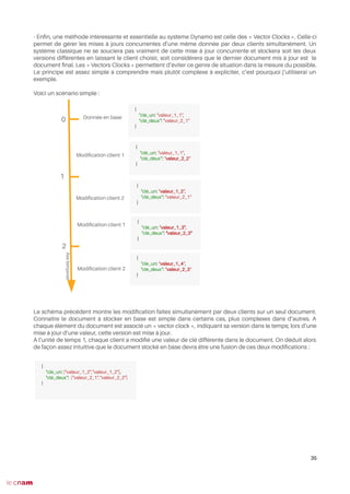 - Enfn, une méthode intéressante et essentielle au système Dynamo est celle des « Vector Clocks ». Celle-ci
permet de gérer les mises à jours concurrentes d’une même donnée par deux clients simultanément. Un
système classique ne se souciera pas vraiment de cette mise à jour concurrente et stockera soit les deux
versions différentes en laissant le client choisir, soit considérera que le dernier document mis à jour est le
document fnal. Les « Vectors Clocks » permettent d’éviter ce genre de situation dans la mesure du possible.
Le principe est assez simple à comprendre mais plutôt complexe à expliciter, c’est pourquoi j’utiliserai un
exemple.
Voici un scénario simple :
Le schéma précédent montre les modifcation faites simultanément par deux clients sur un seul document.
Connaître le document à stocker en base est simple dans certains cas, plus complexes dans d’autres. A
chaque élément du document est associé un « vector clock », indiquant sa version dans le temps; lors d’une
mise à jour d’une valeur, cette version est mise à jour.
A l’unité de temps 1, chaque client a modifé une valeur de clé différente dans le document. On déduit alors
de façon assez intuitive que le document stocké en base devra être une fusion de ces deux modifcations :
35
0
{
"clé_un: "valeur_1_1",
"clé_deux": "valeur_2_1"
}
{
"clé_un: "valeur_1_2",
"clé_deux": "valeur_2_1"
}
Donnée en base
Modifcation client 1
Modifcation client 2
1
Modifcation client 2
2
Modifcation client 1
{
"clé_un: "valeur_1_1",
"clé_deux": "valeur_2_2"
}
{
"clé_un: "valeur_1_3",
"clé_deux": "valeur_2_3"
}
{
"clé_un: "valeur_1_4",
"clé_deux": "valeur_2_3"
}
{
"clé_un: ["valeur_1_2","valeur_1_2"],
"clé_deux": ["valeur_2_1","valeur_2_2"]
}
Axetemporel
 