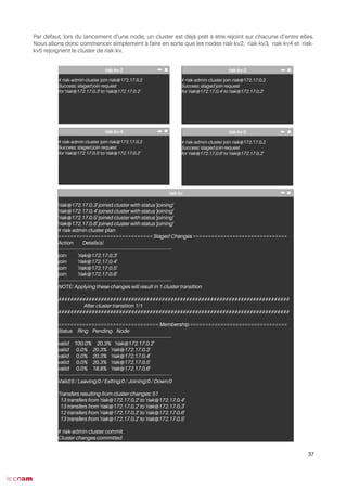 Par défaut, lors du lancement d’une node, un cluster est déjà prêt à être rejoint sur chacune d’entre elles.
Nous allons donc commencer simplement à faire en sorte que les nodes riak-kv2, riak-kv3, riak-kv4 et riak-
kv5 rejoignent le cluster de riak-kv.
37
# riak-admin cluster join riak@172.17.0.2
Success: staged join request
for 'riak@172.17.0.3' to 'riak@172.17.0.2'
riak-kv-2
# riak-admin cluster join riak@172.17.0.2
Success: staged join request
for 'riak@172.17.0.4' to 'riak@172.17.0.2'
riak-kv-3
# riak-admin cluster join riak@172.17.0.2
Success: staged join request
for 'riak@172.17.0.5' to 'riak@172.17.0.2'
riak-kv-4
# riak-admin cluster join riak@172.17.0.2
Success: staged join request
for 'riak@172.17.0.6' to 'riak@172.17.0.2'
riak-kv-5
'riak@172.17.0.3' joined cluster with status 'joining'
'riak@172.17.0.4' joined cluster with status 'joining'
'riak@172.17.0.5' joined cluster with status 'joining'
'riak@172.17.0.6' joined cluster with status 'joining'
# riak-admin cluster plan
=============================== Staged Changes ===============================
Action Details(s)
-------------------------------------------------------------------------------
join 'riak@172.17.0.3'
join 'riak@172.17.0.4'
join 'riak@172.17.0.5'
join 'riak@172.17.0.6'
-------------------------------------------------------------------------------
NOTE: Applying these changes will result in 1 cluster transition
############################################################################
After cluster transition 1/1
############################################################################
================================= Membership ================================
Status Ring Pending Node
-------------------------------------------------------------------------------
valid 100.0% 20.3% 'riak@172.17.0.2'
valid 0.0% 20.3% 'riak@172.17.0.3'
valid 0.0% 20.3% 'riak@172.17.0.4'
valid 0.0% 20.3% 'riak@172.17.0.5'
valid 0.0% 18.8% 'riak@172.17.0.6'
-------------------------------------------------------------------------------
Valid:5 / Leaving:0 / Exiting:0 / Joining:0 / Down:0
Transfers resulting from cluster changes: 51
13 transfers from 'riak@172.17.0.2' to 'riak@172.17.0.4'
13 transfers from 'riak@172.17.0.2' to 'riak@172.17.0.3'
12 transfers from 'riak@172.17.0.2' to 'riak@172.17.0.6'
13 transfers from 'riak@172.17.0.2' to 'riak@172.17.0.5'
# riak-admin cluster commit
Cluster changes committed
riak-kv
 