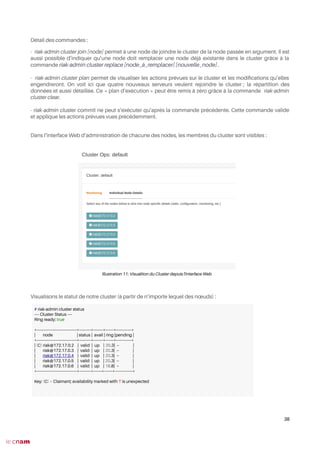 Détail des commandes :
- riak-admin cluster join [node] permet à une node de joindre le cluster de la node passée en argument. Il est
aussi possible d’indiquer qu’une node doit remplacer une node déjà existante dans le cluster grâce à la
commande riak-admin cluster replace [node_à_remplacer] [nouvelle_node].
- riak-admin cluster plan permet de visualiser les actions prévues sur le cluster et les modifcations qu’elles
engendreront. On voit ici que quatre nouveaux serveurs veulent rejoindre le cluster ; la répartition des
données et aussi détaillée. Ce « plan d’exécution » peut être remis à zéro grâce à la commande riak-admin
cluster clear.
- riak-admin cluster commit ne peut s’exécuter qu’après la commande précédente. Cette commande valide
et applique les actions prévues vues précédemment.
Dans l’interface Web d’administration de chacune des nodes, les membres du cluster sont visibles :
Visualisons le statut de notre cluster (à partir de n’importe lequel des nœuds) :
38
Illustration 11: Visualtion du Cluster depuis l'interface Web
# riak-admin cluster status
---- Cluster Status ----
Ring ready: true
+----------------------------------+----------+--------+-------+-------------+
| node | status | avail | ring |pending |
+----------------------------------+----------+--------+-------+-------------+
| (C) riak@172.17.0.2 | valid | up | 20.3| -- |
| riak@172.17.0.3 | valid | up | 20.3| -- |
| riak@172.17.0.4 | valid | up | 20.3| -- |
| riak@172.17.0.5 | valid | up | 20.3| -- |
| riak@172.17.0.6 | valid | up | 18.8| -- |
+----------------------------------+----------+-------+-------+---------------+
Key: (C) = Claimant; availability marked with '!' is unexpected
 
