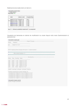 Redémarrons les nodes riak-kv et riak-kv-2.
Visualisons les demandes en attente de modifcation du cluster depuis notre node d’administration et
exécutons les :
41
# riak-admin cluster status
---- Cluster Status ----
Ring ready: true
+----------------------------------+----------+---------------+-------+-------------+
| node | status | avail | ring |pending |
+----------------------------------+----------+---------------+-------+-------------+
| riak@172.17.0.7 | joining | up | 0.0 | |
|(C) riak@172.17.0.2 | valid | up | 20.3| -- |
| riak@172.17.0.3 | valid | up | 20.3| -- |
| riak@172.17.0.4 | valid | up | 20.3| -- |
| riak@172.17.0.5 | valid | up | 20.3| -- |
| riak@172.17.0.6 | valid | up | 18.8| -- |
+----------------------------------+----------+--------------+-------+---------------+
Key: (C) = Claimant; availability marked with '!' is unexpected
# riak-admin cluster plan
=============================== Staged Changes ================================
Action Details(s)
-------------------------------------------------------------------------------
join 'riak@172.17.0.7'
-------------------------------------------------------------------------------
NOTE: Applying these changes will result in 1 cluster transition
###############################################################################
After cluster transition 1/1
###############################################################################
================================= Membership ==================================
Status Ring Pending Node
-------------------------------------------------------------------------------
valid 20.3% 17.2% 'riak@172.17.0.2'
valid 20.3% 17.2% 'riak@172.17.0.3'
valid 20.3% 17.2% 'riak@172.17.0.4'
valid 20.3% 17.2% 'riak@172.17.0.5'
valid 18.8% 15.6% 'riak@172.17.0.6'
valid 0.0% 15.6% 'riak@172.17.0.7'
-------------------------------------------------------------------------------
Valid:6 / Leaving:0 / Exiting:0 / Joining:0 / Down:0
Transfers resulting from cluster changes: 10
2 transfers from 'riak@172.17.0.2' to 'riak@172.17.0.7'
2 transfers from 'riak@172.17.0.3' to 'riak@172.17.0.7'
2 transfers from 'riak@172.17.0.4' to 'riak@172.17.0.7'
2 transfers from 'riak@172.17.0.5' to 'riak@172.17.0.7'
2 transfers from 'riak@172.17.0.6' to 'riak@172.17.0.7'
# riak-admin cluster commit
Cluster changes committed
 