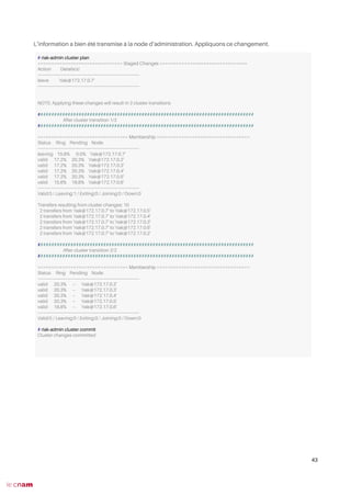 L’information a bien été transmise à la node d’administration. Appliquons ce changement.
43
# riak-admin cluster plan
=============================== Staged Changes ================================
Action Details(s)
-------------------------------------------------------------------------------
leave 'riak@172.17.0.7'
-------------------------------------------------------------------------------
NOTE: Applying these changes will result in 2 cluster transitions
###############################################################################
After cluster transition 1/2
###############################################################################
================================= Membership ==================================
Status Ring Pending Node
-------------------------------------------------------------------------------
leaving 15.6% 0.0% 'riak@172.17.0.7'
valid 17.2% 20.3% 'riak@172.17.0.2'
valid 17.2% 20.3% 'riak@172.17.0.3'
valid 17.2% 20.3% 'riak@172.17.0.4'
valid 17.2% 20.3% 'riak@172.17.0.5'
valid 15.6% 18.8% 'riak@172.17.0.6'
-------------------------------------------------------------------------------
Valid:5 / Leaving:1 / Exiting:0 / Joining:0 / Down:0
Transfers resulting from cluster changes: 10
2 transfers from 'riak@172.17.0.7' to 'riak@172.17.0.5'
2 transfers from 'riak@172.17.0.7' to 'riak@172.17.0.4'
2 transfers from 'riak@172.17.0.7' to 'riak@172.17.0.3'
2 transfers from 'riak@172.17.0.7' to 'riak@172.17.0.6'
2 transfers from 'riak@172.17.0.7' to 'riak@172.17.0.2'
###############################################################################
After cluster transition 2/2
###############################################################################
================================= Membership ==================================
Status Ring Pending Node
-------------------------------------------------------------------------------
valid 20.3% -- 'riak@172.17.0.2'
valid 20.3% -- 'riak@172.17.0.3'
valid 20.3% -- 'riak@172.17.0.4'
valid 20.3% -- 'riak@172.17.0.5'
valid 18.8% -- 'riak@172.17.0.6'
-------------------------------------------------------------------------------
Valid:5 / Leaving:0 / Exiting:0 / Joining:0 / Down:0
# riak-admin cluster commit
Cluster changes committed
 