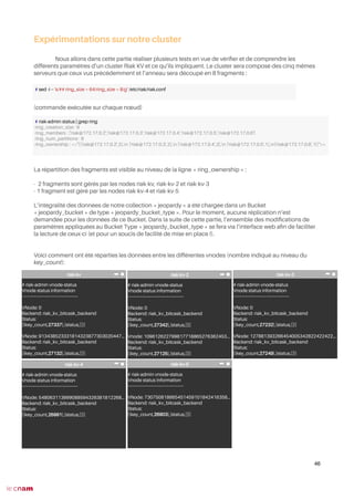 Expérimentations sur notre cluster
Nous allons dans cette partie réaliser plusieurs tests en vue de vérifer et de comprendre les
différents paramètres d’un cluster Riak KV et ce qu’ils impliquent. Le cluster sera composé des cinq mêmes
serveurs que ceux vus précédemment et l’anneau sera découpé en 8 fragments :
(commande exécutée sur chaque nœud)
La répartition des fragments est visible au niveau de la ligne « ring_ownership » :
- 2 fragments sont gérés par les nodes riak-kv, riak-kv-2 et riak-kv-3
- 1 fragment est géré par les nodes riak-kv-4 et riak-kv-5
L’intégralité des données de notre collection « jeopardy » a été chargée dans un Bucket
« jeopardy_bucket » de type « jeopardy_bucket_type ». Pour le moment, aucune réplication n’est
demandée pour les données de ce Bucket. Dans la suite de cette partie, l’ensemble des modifcations de
paramètres appliquées au Bucket Type « jeopardy_bucket_type » se fera via l’interface web afn de faciliter
la lecture de ceux-ci (et pour un soucis de facilité de mise en place !).
Voici comment ont été réparties les données entre les différentes vnodes (nombre indiqué au niveau du
key_count):
46
# sed -i -- 's/## ring_size = 64/ring_size = 8/g' /etc/riak/riak.conf
# riak-admin status | grep ring
ring_creation_size : 8
ring_members : ['riak@172.17.0.2','riak@172.17.0.3','riak@172.17.0.4','riak@172.17.0.5','riak@172.17.0.6']
ring_num_partitions : 8
ring_ownership : <<"[{'riak@172.17.0.2',2},n {'riak@172.17.0.3',2},n {'riak@172.17.0.4',2},n {'riak@172.17.0.5',1},n{'riak@172.17.0.6',1}]">>
# riak-admin vnode-status
Vnode status information
-------------------------------------------
VNode: 0
Backend: riak_kv_bitcask_backend
Status:
[{key_count,27337},{status,[]}]
VNode: 913438523331814323877303020447...
Backend: riak_kv_bitcask_backend
Status:
[{key_count,27132},{status,[]}]
riak-kv
# riak-admin vnode-status
Vnode status information
-------------------------------------------
VNode: 0
Backend: riak_kv_bitcask_backend
Status:
[{key_count,27342},{status,[]}]
Vnode: 109612622799817718865276362453...
Backend: riak_kv_bitcask_backend
Status:
[{key_count,27125},{status,[]}]
riak-kv-2
# riak-admin vnode-status
Vnode status information
-------------------------------------------
VNode: 0
Backend: riak_kv_bitcask_backend
Status:
[{key_count,27232},{status,[]}]
VNode: 127881393266454005342822422422...
Backend: riak_kv_bitcask_backend
Status:
[{key_count,27249},{status,[]}]
riak-kv-3
# riak-admin vnode-status
Vnode status information
-------------------------------------------
VNode: 548063113999088594326381812268...
Backend: riak_kv_bitcask_backend
Status:
[{key_count,26991},{status,[]}]
riak-kv-4
# riak-admin vnode-status
Vnode status information
-------------------------------------------
VNode: 730750818665451459101842416358...
Backend: riak_kv_bitcask_backend
Status:
[{key_count,26903},{status,[]}]
riak-kv-5
 