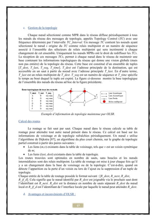 c. Gestion de la topologie

        Chaque nœud sélectionné comme MPR dans le réseau diffuse périodiquement à tous
les nœuds du réseau des messages de topologie, appelés Topology Control (TC) avec une
fréquence déterminée par l’intervalle TC_Interval. Un message TC contient les noeuds ayant
sélectionné le nœud s origine du TC comme relais multipoint et un numéro de séquence
associé à l’ensemble des sélecteurs de relais multipoint qui sera incrémenté à chaque
changement de cet ensemble. Uniquement les nœuds MPRs ont le droit de rediffuser les TCs.
La réception de ces messages TCs, permet à chaque nœud dans le réseau de maintenir une
base contenant les informations topologiques du réseau qui donne une vision globale (mais
non pas entière) de la topologie du réseau. Cette base est constitué d’un ensemble de tuples
[T_dest, T_last, T_seq, T_time]. T_dest est l’adresse principale de la destination, qui est
accessible en un saut à partir du noeud avec l’adresse principale T_last. En d’autre terme,
T_last est un relais multipoint de T_dest. T_seq est un numéro de séquence et T_time spécifie
le temps au bout duquel le tuple est expiré. La figure ci-dessous montre la base topologique
de l’ensemble des nœuds du réseau ad hoc de la figure précédente.




                    Exemple d’information de topologie maintenue par OLSR.

Calcul des routes

        Le routage se fait saut par saut. Chaque nœud dans le réseau calcule sa table de
routage pour atteindre tout autre nœud présent dans le réseau. Ce calcul est basé sur les
informations de voisinage et de topologie rafraîchies périodiquement. Un nœud s utilise
l’algorithme de Dijkstra [87], un algorithme du plus court chemin, sur le graphe de topologie
partiel construit à partir des paires suivantes :
     Les liens (m,v) existants dans la table de voisinage, tels que v est un voisin symétrique
        de m;
     Les liens (last, dest) existants dans la table de topologie.
Les routes trouvées sont optimales en nombre de sauts, sans boucles et les nœuds
intermédiaires sont des relais multipoint. La table de routage est mise à jour chaque fois qu’il
y a un changement dans la base de voisinage ou de la topologie. C’est-à-dire, quand on
détecte l’apparition ou la perte d’un voisin ou lors de l’ajout ou la suppression d’un tuple de
topologie.
Chaque entrée de la table de routage possède le format suivant : [R_dest, R_next, R_dist,
R_if_d]. Cela signifie que le nœud identifié par R_dest est joignable via le prochain saut dont
l’identifiant est R_next. R_dist est la distance en nombre de sauts séparant R_dest du nœud
local et R_if_d est l’identifiant de l’interface locale par laquelle le nœud peut atteindre R_dest.

   d. Avantages et inconvénients d’OLSR :


                                                17
 