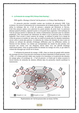 4. Le Protocole de routage FSR ( Fisheye State Routing )

       FSR signifie « Routage à Etat de l’œil du poisson » (« Fisheye State Routing »).
        Ce protocole peut-être considéré comme une évolution du protocole GSR. Cette
évolution vise encore la diminution de la consommation de la bande passante. Pour cela, FSR
utilise la technique dite de « l’œil du poisson » proposée par Kleinrock et Stevens.
L'œil d'un poisson capture avec précision les points proches du point focal. La précision
diminue quand la distance, séparant le point vu et le point focal, augmente. Cette technique de
l’œil du poisson permet la réduction du volume d’informations nécessaire pour les données
graphiques. Elle sous-entend une diminution du détail et de la précision plus la distance
augmente. Pour revenir à notre contexte du routage, on définira la portée ou le champ de
vision du poisson en nombre de sauts, plus un nœud est proche plus les données maintenues
envers celui-ci seront plus précises. La réduction du volume des données de mise à jour est
obtenue en utilisant des périodes d’échanges différentes pour les différentes entrées en
fonction de leur distance. Les entrées qui correspondent aux nœuds les plus proches sont
envoyées aux voisins avec une fréquence élevée (donc avec une période d'échange
relativement petite). Ainsi un grand nombre de données de routage est évité, ce qui réduit le
volume des messages qui circule sur le réseau.
        L’utilisation du protocole de routage « GSR » dans un réseau de grande taille entraîne
des messages de mise à jour pouvant consommer de façon importante la bande passante. Avec
« FSR » ce volume peut-être réduit sans toucher à la consistance et la précision des données
de routage grâce à la technique de « l’œil de poisson » et limite par la même occasion le
travail énorme de recherche de chemins effectué dans les protocoles réactifs accélérant la
transmission.




                  Représentation de l’œil de poisson dans un réseau Ad Hoc


                                              21
 