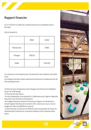 Rapport financier 
Au 31/10/2014 le solde des comptes bancaires et comptables est de 1 
943.50€ 
Cela correspond à : 
Débit Crédit 
Ressources 2300 
Les ressources sont produites par l’encaissement des cotisations des adhé-rents. 
Les charges sont liées à divers paiements de factures et remboursement de 
frais de déplacement. 
Ce bilan est sans comparaison avec l’énergie et les financement déployés 
autour de la PRI design : 
-le financement des locaux 
-la mise à disposition d’une équipe de 4 collborateurs par l’agence régionale 
Pays de la Loire Territoires d’Innovations 
-les budgets des plans d’actions financés par l’agence sur demande du 
Conseil régional des Pays de la Loire (en 2014, exercice en cours, c’est un 
budget de l’ordre de 90.000 € en actions) 
-et tout le temps investis par les adhérents dans les groupes de travail, les 
représentations extérieures, le travail de réflexion et les instances statu-taires 
! 
18 
Charges 356,50 
Solde 1943,50 
 