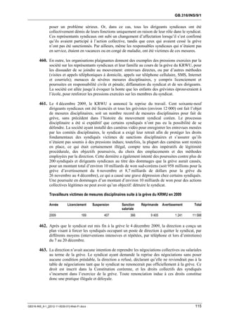 GB.316/INS/9/1


               poser un problème sérieux. Or, dans ce cas, tous les dirigeants syndicaux ont été
               collectivement démis de leurs fonctions uniquement en raison de leur rôle dans le syndicat.
               Ces représentants syndicaux ont subi un changement d’affectation lorsqu’il s’est confirmé
               qu’ils avaient participé à l’action collective, tandis que ceux qui avaient cessé la grève
               n’ont pas été sanctionnés. Par ailleurs, même les responsables syndicaux qui n’étaient pas
               en service, étaient en vacances ou en congé de maladie, ont été victimes de ces mesures.

        460. En outre, les organisations plaignantes donnent des exemples des pressions exercées par la
               société sur les représentants syndicaux et leur famille au cours de la grève du KRWU, pour
               les dissuader de se joindre au mouvement: entrevues directes, ou par d’autres méthodes
               (visites et appels téléphoniques à domicile, appels sur téléphone cellulaire, SMS, Internet
               et courriels); menaces de sévères mesures disciplinaires, y compris licenciement et
               poursuites en responsabilité civile et pénale; diffamation du syndicat et de ses dirigeants.
               La société est allée jusqu’à évoquer la honte que les enfants des grévistes éprouveraient à
               l’école, pour renforcer les pressions exercées sur les membres du syndicat.

        461. Le 4 décembre 2009, le KRWU a annoncé la reprise du travail. Cent soixante-neuf
               dirigeants syndicaux ont été licenciés et tous les grévistes (environ 12 000) ont fait l’objet
               de mesures disciplinaires, soit un nombre record de mesures disciplinaires pour fait de
               grève, sans précédent dans l’histoire du mouvement syndical coréen. Le processus
               disciplinaire a été si expéditif que certains syndiqués n’ont pas eu la possibilité de se
               défendre. La société ayant installé des caméras vidéo pour enregistrer les entrevues menées
               par les comités disciplinaires, le syndicat a exigé leur retrait afin de protéger les droits
               fondamentaux des syndiqués victimes de sanctions disciplinaires et s’assurer qu’ils
               n’étaient pas soumis à des pressions indues; toutefois, la plupart des caméras sont restées
               en place, ce qui était certainement illégal, compte tenu des impératifs de légitimité
               procédurale, des objectifs poursuivis, du choix des emplacements et des méthodes
               employées par la direction. Cette dernière a également intenté des poursuites contre plus de
               200 syndiqués et dirigeants syndicaux au titre des dommages que la grève aurait causés,
               pour un montant total d’environ 10 milliards de won sud-coréens (soit 958 millions pour la
               grève d’avertissement du 6 novembre et 8,7 milliards de dollars pour la grève du
               26 novembre au 4 décembre), ce qui a causé une grave dépression chez certains syndiqués.
               Une poursuite en dommages d’un montant d’environ 10 milliards de won pour des actions
               collectives légitimes ne peut avoir qu’un objectif: détruire le syndicat.

               Travailleurs victimes de mesures disciplinaires suite à la grève du KRWU en 2009

               Année         Licenciement     Suspension   Sanction    Réprimande    Avertissement      Total
                                                           salariale
               2009                    169           407         366         9 405           1 241     11 588


        462. Après que le syndicat eut mis fin à la grève le 4 décembre 2009, la direction a conçu un
               plan visant à forcer les syndiqués occupant un poste de direction à quitter le syndicat, par
               différents moyens (interventions intensives et répétées, par téléphone et lors d’entretiens)
               du 7 au 20 décembre.

        463. La direction n’avait aucune intention de reprendre les négociations collectives ou salariales
               au terme de la grève. Le syndicat ayant demandé la reprise des négociations sans poser
               aucune condition préalable, la direction a refusé, déclarant qu’elle ne reviendrait pas à la
               table de négociations tant que le syndicat ne renoncerait pas officiellement à la grève. Ce
               droit est inscrit dans la Constitution coréenne, et les droits collectifs des syndiqués
               s’incarnent dans l’exercice de la grève. Toute renonciation indue à ces droits constitue
               donc une pratique illégale et déloyale.




GB316-INS_9-1_[2012-11-0030-01]-Web-Fr.docx                                                              115
 