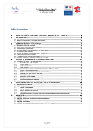 Stratégie de cohérence régionale 
d’aménagement numérique 
de la Franche-Comté 
Page 2/60 
Table des matières 
1. AMBITION NUMÉRIQUE POUR LES TERRITOIRES FRANCS-COMTOIS - SYNTHÈSE ........................... 3 
2. INTRODUCTION .............................................................................................................. 4 
2.1. OBJET DU DOCUMENT .................................................................................................................................................................. 4 
2.2. DÉMARCHE D’ÉLABORATION DE LA SCORAN EN FRANCHE-COMTÉ ......................................................................................................... 4 
2.3. RÉACTIONS ET PROPOSITIONS DE COLLECTIVITÉS ................................................................................................................................. 5 
3. CONTEXTE ET ENJEUX DU NUMÉRIQUE ................................................................................ 6 
3.1. DÉFINITION DU HAUT ET TRÈS HAUT DÉBIT ........................................................................................................................................ 6 
3.2. DÉVELOPPEMENT GÉNÉRALISÉ DES BESOINS NUMÉRIQUES .................................................................................................................... 6 
3.3. ACCROISSEMENT DE L’INSATISFACTION ............................................................................................................................................ 7 
3.4. DES BESOINS ÉGALEMENT LIÉS À LA DÉMOGRAPHIE EN FRANCHE-COMTÉ .................................................................................................. 9 
3.5. DU HAUT DÉBIT AU TRÈS HAUT DÉBIT ............................................................................................................................................. 10 
3.6. APPROCHE DES SOLUTIONS TECHNOLOGIQUES POUR LE TRÈS HAUT DÉBIT ............................................................................................... 13 
3.7. ÉVITER UNE SECONDE FRACTURE NUMÉRIQUE .................................................................................................................................. 13 
3.8. L’ACTION DES POUVOIRS PUBLICS EST INDISPENSABLE ........................................................................................................................ 14 
3.9. LE CONTEXTE NATIONAL ET LE PROGRAMME NATIONAL TRÈS HAUT DÉBIT................................................................................................ 14 
4. DIAGNOSTIC NUMÉRIQUE DE LA RÉGION FRANCHE-COMTÉ ................................................... 20 
4.1. ÉTAT DES LIEUX DES SERVICES ET DES INFRASTRUCTURES ..................................................................................................................... 20 
4.1.1. FRANCE TÉLÉCOM ET ACCÈS HAUT DÉBIT .............................................................................................................................. 20 
4.1.2. RÉSEAUX CÂBLÉS ........................................................................................................................................................... 22 
4.1.3. ACCÈS HAUT DÉBIT MOBILE .............................................................................................................................................. 22 
4.1.4. ACCÈS THD FIXE............................................................................................................................................................ 23 
4.2. INITIATIVES PUBLIQUES EN FAVEUR DU NUMÉRIQUE SUR LE TERRITOIRE DE LA FRANCHE-COMTÉ .................................................................. 23 
4.2.1. RÉSEAUX D’INITIATIVE PUBLIQUE (RIP) ............................................................................................................................... 23 
4.2.2. SCHÉMAS DIRECTEURS TERRITORIAUX D’AMÉNAGEMENT NUMÉRIQUE ........................................................................................ 25 
4.2.3. INITIATIVES FTTH : SITES PILOTES FTTH DU JURA.................................................................................................................. 29 
4.2.4. PROJET MÉTROPOLIX ..................................................................................................................................................... 29 
4.2.5. POLITIQUE DE SOUTIEN RÉGIONAL...................................................................................................................................... 30 
4.2.6. POLITIQUE D’ACCOMPAGNEMENT DES ENTREPRISES ............................................................................................................... 30 
4.2.7. POLITIQUE D’ÉQUIPEMENT DU TERRITOIRE ........................................................................................................................... 31 
4.3. INITIATIVES PRIVÉES POUR LA COUVERTURE TRÈS HAUT DÉBIT DU TERRITOIRE .......................................................................................... 31 
5. ORIENTATIONS POUR UNE POLITIQUE DU THD EN FRANCHE-COMTÉ ....................................... 33 
5.1. AMBITIONS, OBJECTIFS ET MOYENS ............................................................................................................................................... 33 
5.2. MISE EN OEUVRE ....................................................................................................................................................................... 33 
5.2.1. DORSALE D’INTERCONNEXION .......................................................................................................................................... 33 
5.2.2. RÉSEAUX DE COLLECTE DÉPARTEMENTAUX ........................................................................................................................... 34 
5.2.3. RÉSEAUX DE DESSERTE TRÈS HAUT DÉBIT ............................................................................................................................. 35 
5.2.4. GOUVERNANCE ............................................................................................................................................................. 39 
5.2.5. RECOMMANDATIONS POUR LES SCHÉMAS DIRECTEURS TERRITORIAUX D’AMÉNAGEMENT NUMÉRIQUE (SDTAN) ................................ 40 
6. ANNEXES .................................................................................................................. 42 
6.1. ANNEXE 1 : GLOSSAIRE ............................................................................................................................................................ 42 
6.2. ANNEXE 2 : PRÉSENTATION DES DIFFÉRENTES TECHNOLOGIES DISPONIBLES ........................................................................................... 45 
6.3. ANNEXE 3 : CARTOGRAPHIE ...................................................................................................................................................... 50 
6.4. ANNEXE 4 : DONNÉES ADSL ..................................................................................................................................................... 55 
6.5. ANNEXE 5 : MÉTHODOLOGIE D’ÉVALUATION DU DÉPLOIEMENT DU FTTH ET TABLEAUX ........................................................................... 56 
 