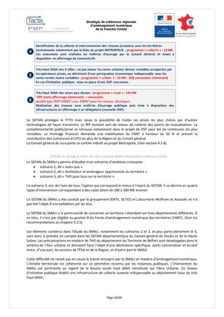 Stratégie de cohérence régionale 
d’aménagement numérique 
de la Franche-Comté 
Page 26/60 
Densification de la collecte et interconnexion des réseaux jurassiens avec les territoires 
environnants notamment par le biais du projet METROPOLIX : programme « collecte » : 12 M€ 
Les extensions sont réalisées en maîtrise d’ouvrage par le Conseil Général et mises à 
disposition en affermage de Connectic39. 
Très Haut Débit des 6 villes : ne pas laisser les zones urbaines denses rentables accaparées par 
les opérateurs privés, au détriment d’une péréquation économique indispensable avec les 
zones rurales moins rentables : programme « urbain » : 25 M€ : DSP concession (dominant) 
En cas d’initiative publique, mise en place d’une DSP concessive. 
Très Haut Débit des zones peu denses : programme « rural » : 145 M€ 
DSP mixte affermage (dominant) – concession 
modèle type DSP SIDEC avec ERDF pour les réseaux électriques 
Réalisation des travaux sous maîtrise d’ouvrage publique puis mise à disposition des 
infrastructures en affermage à un délégataire (nouvelle DSP). 
4 
5 
6 
Le SDTAN privilégie le FTTH mais laisse la possibilité de traiter les prises les plus chères par d’autres 
technologies de façon transitoire. Le RIP existant sert de réseau de collecte des points de mutualisation. La 
complémentarité public/privé se retrouve notamment dans le projet de DSP pour les six communes les plus 
rentables. Le montage financier demande une mobilisation du FANT à hauteur de 50 % et prévoit la 
contribution des communes et EPCI en plus de la Région et du Conseil général. 
Le Conseil général du Jura porte un certain intérêt au projet Metropolix. (Voir section 4.2.8) 
SDTAN du Syndicat Mixte de l’Aire Urbaine Belfort-Montbéliard-Héricourt-Delle 
Le SDTAN du SMAU a permis d’étudier trois scénarios d’ambition croissante : 
 scénario 1, dit « statu quo » 
 scénario 2, dit « facilitateur et aménageur opportuniste du territoire » 
 scénario 3, dit « THD pour tous sur le territoire ». 
Le scénario 3, est, de l’avis de tous, l’option qui correspond le mieux à l’esprit du SDTAN. Il se décline en quatre 
types d’intervention correspondant à des coûts allant de 100 à 200 M€ environ. 
Le SDTAN du SMAU a été conduit par le groupement IDATE, SETICS et Latournerie Wolfrom et Associés et n’a 
pas fait l’objet d’une validation par les élus. 
Le SDTAN du SMAU a la particularité de concerner un territoire s’étendant sur trois départements différents. À 
ce titre, il n’est pas éligible au guichet B du Fonds d'aménagement numérique des territoires (FANT). (Voir les 
recommandations au chapitre 5.2.5) 
Les éléments contenus dans l’étude du SMAU, notamment les scénarios 2 et 3, et plus particulièrement le 3, 
sont donc à prendre en compte dans les SDTAN départementaux du Conseil général du Doubs et de la Haute 
Saône. Les préconisations en matière de THD du département du Territoire de Belfort sont développées dans le 
schéma de l’Aire urbaine et devraient faire l’objet d’une déclinaison spécifique, après concertation et accord 
entre, d’une part, les services de l’État et de la Région, et d’autre part le SMAU. 
Cette difficulté ne remet pas en cause le travail entrepris par le SMAU en matière d’aménagement numérique. 
L’échelle territoriale est cohérente sur un périmètre reconnu par les instances publiques. L’intervention du 
SMAU est pertinente au regard de la boucle locale haut débit constituée sur l’Aire Urbaine. Ce réseau 
d’initiative publique établit une infrastructure de collecte ouverte indispensable au déploiement futur du très 
haut débit. 
 