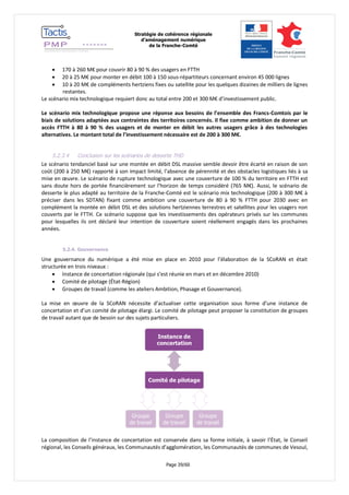 Stratégie de cohérence régionale 
d’aménagement numérique 
de la Franche-Comté 
Page 39/60 
 170 à 260 M€ pour couvrir 80 à 90 % des usagers en FTTH 
 20 à 25 M€ pour monter en débit 100 à 150 sous-répartiteurs concernant environ 45 000 lignes 
 10 à 20 M€ de compléments hertziens fixes ou satellite pour les quelques dizaines de milliers de lignes restantes. 
Le scénario mix technologique requiert donc au total entre 200 et 300 M€ d’investissement public. 
Le scénario mix technologique propose une réponse aux besoins de l’ensemble des Francs-Comtois par le biais de solutions adaptées aux contraintes des territoires concernés. Il fixe comme ambition de donner un accès FTTH à 80 à 90 % des usagers et de monter en débit les autres usagers grâce à des technologies alternatives. Le montant total de l’investissement nécessaire est de 200 à 300 M€. 
5.2.3.4 Conclusion sur les scénarios de desserte THD 
Le scénario tendanciel basé sur une montée en débit DSL massive semble devoir être écarté en raison de son coût (200 à 250 M€) rapporté à son impact limité, l’absence de pérennité et des obstacles logistiques liés à sa mise en oeuvre. Le scénario de rupture technologique avec une couverture de 100 % du territoire en FTTH est sans doute hors de portée financièrement sur l’horizon de temps considéré (765 M€). Aussi, le scénario de desserte le plus adapté au territoire de la Franche-Comté est le scénario mix technologique (200 à 300 M€ à préciser dans les SDTAN) fixant comme ambition une couverture de 80 à 90 % FTTH pour 2030 avec en complément la montée en débit DSL et des solutions hertziennes terrestres et satellites pour les usagers non couverts par le FTTH. Ce scénario suppose que les investissements des opérateurs privés sur les communes pour lesquelles ils ont déclaré leur intention de couverture soient réellement engagés dans les prochaines années. 
5.2.4. Gouvernance 
Une gouvernance du numérique a été mise en place en 2010 pour l’élaboration de la SCoRAN et était structurée en trois niveaux : 
 Instance de concertation régionale (qui s’est réunie en mars et en décembre 2010) 
 Comité de pilotage (État-Région) 
 Groupes de travail (comme les ateliers Ambition, Phasage et Gouvernance). 
La mise en oeuvre de la SCoRAN nécessite d’actualiser cette organisation sous forme d’une instance de concertation et d’un comité de pilotage élargi. Le comité de pilotage peut proposer la constitution de groupes de travail autant que de besoin sur des sujets particuliers. 
La composition de l’instance de concertation est conservée dans sa forme initiale, à savoir l’État, le Conseil régional, les Conseils généraux, les Communautés d’agglomération, les Communautés de communes de Vesoul,  