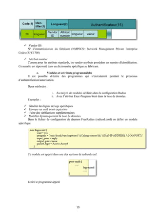  Vendor ID:
       N° d'immatriculation du fabricant (NMPECS= Network Management Private Enterprise
Codes (RFC1700)

     Attribut number
      Comme pour les attributs standards, les vendor-attributs possèdent un numéro d'identification.
Ce numéro est répertorié dans un dictionnaire spécifique au fabricant.

                e.       Modules et attributs programmables
       Il est possible d’écrire des programmes qui s’exécuteront pendant le processus
d’authentification/autorisation.

       Deux méthodes :

                            i. Au moyen de modules déclarés dans la configuration Radius
                           ii. Avec l’attribut Exec-Program-Wait dans la base de données.
       Exemples :

     Générer des lignes de logs spécifiques
     Envoyer un mail avant expiration
     Faire des vérifications supplémentaires
     Modifier dynamiquement la base de données
        Dans le fichier de configuration du daemon FreeRadius (radiusd.conf) on défini un module
spécifique.




       Ce module est appelé dans une des sections de radiusd.conf.




       Ecrire le programme appelé




                                                10
 