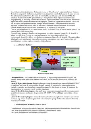 Snort est un système de détection d'intrusions réseau en ' Open Source ', capable d'effectuer l'analyse
du trafic en temps réel. On l'utilise en général pour détecter une variété d'attaques et de scans tels que
des débordements de tampons, des scans de ports furtifs, des attaques CGI, des scans SMB, des
tentatives d'identification d'OS grâce à l’analyse des signatures et des réponses caractéristiques
(fingerprinting), et beaucoup d’autres choses encore. Il peut fonctionner selon trois modes principaux :
il peut être utilisé comme un simple sniffer de paquets, comme un logger de trafic réseaux (ce qui est
fort utile pour déboguer un réseau par exemple puisque ce mode d’enregistrement des activités
répertorie toutes les interactions entre les machines d’un même réseau), ou comme un véritable
système complet de prévention contre les attaques et les intrusions de tout genre.
C'est un très puissant outil, il est connu comme un des meilleurs IDS sur le marché, même quand il est
comparé à des IDS commerciaux.
De nombreuses personnes dans la cette communauté très active partagent leurs règles de sécurité, ce
qui est très utile si on n'est pas un expert de la sécurité et si on veut des règles à jour.
La compagnie SourceFire délivre très régulièrement de nouvelles règles de sécurité. Elles peuvent être
téléchargées, soit gratuitement mais malheureusement que quelques jours après leurs sorties, soit
immédiatement pour des espèces sonnantes et trébuchantes.

    4. Architecture du Snort :




                                         Architecture du snort

Un noyau de base : (Packet Decoder) au démarrage, ce noyau charge un ensemble de règles, les
compile, les optimise et les classe. Durant l’exécution, le rôle principal du noyau est la capture des
paquets.
Une série de pré–processeurs: (Detection Engine) ces derniers améliorent les possibilités de SNORT
en matière d’analyse et de recomposition du trafic capturé. Ils reçoivent les paquets directement
capturés et décodés, les retravaillent éventuellement puis les fournissent au moteur de recherche des
signatures pour les comparer avec la base des signatures.
Une série de « Detection plugins »: Ces analyses se composent principalement de comparaison entre
les différents champs des headers des protocoles (IP, ICMP, TCP et UDP) par rapport à des valeurs
précises.
Une série de « output plugins »: permet de traiter cette intrusion de plusieurs manières : envoie vers
un fichier log, envoie d’un message d’alerte vers un serveur syslog, stocker cette intrusion dans une
base de données SQL.

    5. Positionnement de SNORT dans le réseau

L’emplacement physique de la sonde SNORT sur le réseau a un impact considérable sur son efficacité.
Dans le cas d’une architecture classique, composée d’un Firewall et d’une
DMZ, trois positions sont généralement envisageables :



                                                   37
 