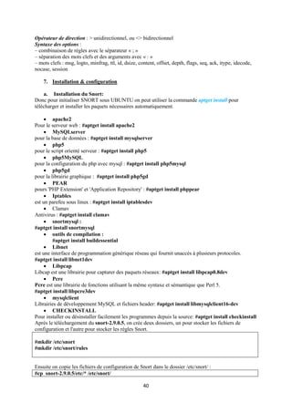 Opérateur de direction : > unidirectionnel, ou <> bidirectionnel
Syntaxe des options :
– combinaison de règles avec le séparateur « ; »
– séparation des mots clefs et des arguments avec « : »
– mots clefs : msg, logto, minfrag, ttl, id, dsize, content, offset, depth, flags, seq, ack, itype, idecode,
nocase, session

    7. Installation & configuration

    a. Installation du Snort:
Donc pour initialiser SNORT sous UBUNTU on peut utiliser la commande aptget install pour
télécharger et installer les paquets nécessaires automatiquement.

      apache2
Pour le serveur web : #aptget install apache2
      MySQLserver
pour la base de données : #aptget install mysqlserver
      php5
pour le script orienté serveur : #aptget install php5
      php5MySQL
pour la configuration du php avec mysql : #aptget install php5mysql
      php5gd
pour la librairie graphique : #aptget install php5gd
      PEAR
pours 'PHP Extension' et 'Application Repository' : #aptget install phppear
      Iptables
est un parefeu sous linux : #aptget install iptablesdev
      Clamav
Antivirus : #aptget install clamav
      snortmysql :
#aptget install snortmysql
      outils de compilation :
         #aptget install buildessential
      Libnet
est une interface de programmation générique réseau qui fournit unaccès à plusieurs protocoles.
#aptget install libnet1dev
      Libpcap
Libcap est une librairie pour capturer des paquets réseaux: #aptget install libpcap0.8dev
      Pcre
Pcre est une librairie de fonctions utilisant la même syntaxe et sémantique que Perl 5.
#aptget install libpcre3dev
      mysqlclient
Librairies de développement MySQL et fichiers header: #aptget install libmysqlclient16-dev
      CHECKINSTALL
Pour installer ou désinstaller facilement les programmes depuis la source: #aptget install checkinstall
Après le téléchargement du snort-2.9.0.5, on crée deux dossiers, un pour stocker les fichiers de
configuration et l'autre pour stocker les règles Snort.

#mkdir /etc/snort
#mkdir /etc/snort/rules


Ensuite on copie les fichiers de configuration de Snort dans le dossier /etc/snort/ :
#cp snort-2.9.0.5/etc/* /etc/snort/

                                                      40
 