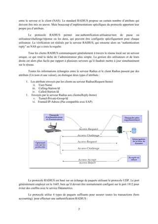 entre le serveur et le client (NAS). Le standard RADIUS propose un certain nombre d’attributs qui
doivent être mis en œuvre. Mais beaucoup d’implémentations spécifiques du protocole apportent leur
propre jeu d’attributs.

         Le protocole RADIUS permet une authentification utilisateur/mot de passe ou
utilisateur/challenge/réponse ou les deux, qui peuvent être configurée spécifiquement pour chaque
utilisateur. La vérification est réalisée par le serveur RADIUS, qui retourne alors un “authentication
reply” au NAS qui a émis la requête.

         Tous les clients RADIUS communiquent généralement à travers le réseau local sur un serveur
unique, ce qui rend la tâche de l’administrateur plus simple. La gestion des utilisateurs et de leurs
droits est alors plus facile par rapport à plusieurs serveurs qu’il faudrait mettre à jour simultanément
sur le réseau.

         Toutes les informations échangées entre le serveur Radius et le client Radius passent par des
attributs (Un nom et une valeur), on distingue deux types d’attributs :

      1. Les attributs envoyés par les clients au serveur Radius(Request-Items)
           ii. User-Name
          iii. Calling-Station-Id
          iv. Called-Station-Id
      1. Envoyés par le serveur Radius aux clients(Reply-Items)
           v. Tunnel-Private-Group-Id
          vi. Framed-IP-Adress (Pas compatible avec EAP)




        Le protocole RADIUS est basé sur un échange de paquets utilisant le protocole UDP. Le port
généralement employé est le 1645, bien qu’il devrait être normalement configuré sur le port 1812 pour
éviter des conflits avec le service Datametrics.

       Le protocole utilise 4 types de paquets suffisants pour assurer toutes les transactions (hors
accounting) pour effectuer une authentification RADIUS :


                                                   7
 