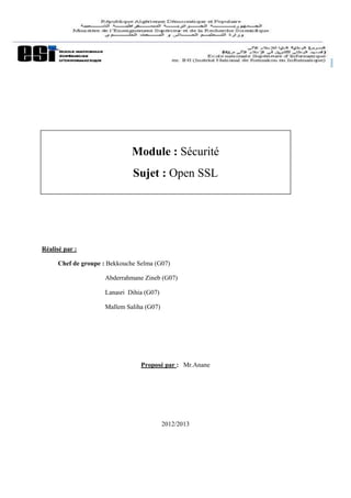 Module : Sécurité
Sujet : Open SSL
Réalisé par :
Chef de groupe : Bekkouche Selma (G07)
Abderrahmane Zineb (G07)
Lanasri Dihia (G07)
Mallem Saliha (G07)
Proposé par : Mr.Anane
2012/2013
 