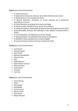 14
Experts (par ordre d’intervention)
 Pr Hakima Himmich
 Pr Abderrahman Maaroufi, directeur de la DELM, Ministère de la Santé
 Pr Mehdi Karkouri, vice président de l’ALCS
 Pr Moncef Benkirane, Chercheur au Centre National de la Recherche
Scientifique en France
 Dr Fatiha Rhoufrani, présidente de la section de Rabat
 Dr Ouassima Jalal, présidente de la section de Casablanca
 Dr Lahoucine Ouarsas, responsable du département des programmes de l’ALCS
 Fouad Benseddik, directeur des méthodes et des relations institutionnelles à
VIGEO
 Dr Taoufik Belahcen, présidente de la section d’Oujda
 Pr Mustapha Sodqi, vice président de la section de Casablanca
 Dr Abdellatif Tibary, président de la section d’Agadir
 Dr Loubna El Ayadi, membre du bureau national de l’ALCS
Artistes (par ordre d’intervention)
 Issam Kamal
 Ahmed Chaouki
 Omar Cherif
 Marouan Benabdellah
 Hassan El Fed
 Ecko
 Khalid Bennani
 Fatima Zahra Laaroussi
 Ahmed Soultan
 Saida Charaf
 Amanouz
 Sami Ray
Guests (par ordre d’intervention)
 Samia Akeriou
 Ghani
 Nora Squalli
 Said Baaddi
 Younes Lazrak
 Meriem Zaimi
 Driss Roukh
 Majda Yahyaoui
 