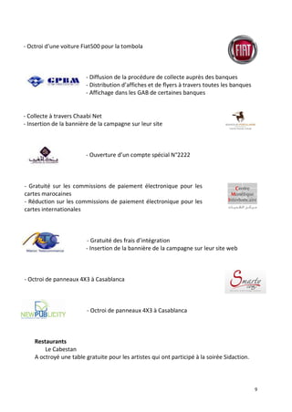 9
- Octroi d’une voiture Fiat500 pour la tombola
- Diffusion de la procédure de collecte auprès des banques
- Distribution d’affiches et de flyers à travers toutes les banques
- Affichage dans les GAB de certaines banques
- Collecte à travers Chaabi Net
- Insertion de la bannière de la campagne sur leur site
- Ouverture d’un compte spécial N°2222
- Gratuité sur les commissions de paiement électronique pour les
cartes marocaines
- Réduction sur les commissions de paiement électronique pour les
cartes internationales
- Gratuité des frais d’intégration
- Insertion de la bannière de la campagne sur leur site web
- Octroi de panneaux 4X3 à Casablanca
- Octroi de panneaux 4X3 à Casablanca
Restaurants
Le Cabestan
A octroyé une table gratuite pour les artistes qui ont participé à la soirée Sidaction.
 
