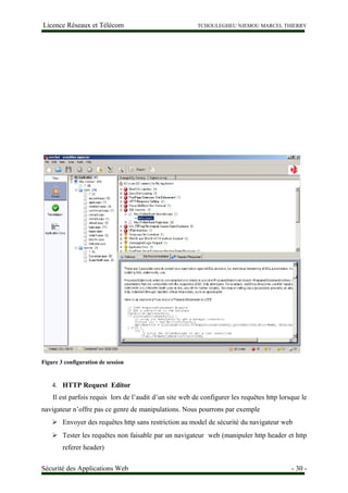 Licence Réseaux et Télécom TCHOULEGHEU NJEMOU MARCEL THIERRY
Figure 3 configuration de session
4. HTTP Request Editor
Il est parfois requis lors de l’audit d’un site web de configurer les requêtes http lorsque le
navigateur n’offre pas ce genre de manipulations. Nous pourrons par exemple
 Envoyer des requêtes http sans restriction au model de sécurité du navigateur web
 Tester les requêtes non faisable par un navigateur web (manipuler http header et http
referer header)
Sécurité des Applications Web - 30 -
 