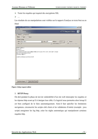 Licence Réseaux et Télécom TCHOULEGHEU NJEMOU MARCEL THIERRY
 Tester les requêtes qui requiert des encryptions SSL
 …
Les résultats de ces manipulations sont visibles sur le rapport d’analyse en texte brut ou en
Html
Figure 4 http request editor
5. HTTP Proxy
On doit pendant la phase de test de vulnérabilité d’un site web intercepter les requêtes et
les réponse http avant qu’il n’atteigne leur cible. Ce logiciel nous permettra alors lorsqu’il
est bien configuré de le faire automatiquement. Ainsi il faut spécifier les limitations
navigateurs, circonscrire les scripts côté client et les validations d’entrée (exemple : java
script) enregistrer les log http, créer les règles automatique qui manipuleront certaines
requêtes http.
Sécurité des Applications Web - 31 -
 