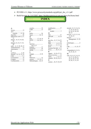 Licence Réseaux et Télécom TCHOULEGHEU NJEMOU MARCEL THIERRY
 PCI DSS v1.1, https://www.pcisecuritystandards.org/pdfs/pci_dss_v1-1.pdf
 Build Security In, US CERT, https://buildsecurityin.us-cert.gov/daisy/bsi/home.html
INDEX
A
Access......................15
ACL.............................
contrôle.........13, 20
algorithm..................28
applications web 12, 27,
33
attaque. .14, 15, 19, 20,
26
attaques.12, 14, 17, 19,
20
audit....6, 13, 20, 30, 33
Authentification........13
Autorisation..............13
C
certificat................4, 28
clients6, 7, 8, 12, 13, 33
CMS.......................7, 8
Commutateur............18
Comptes...................19
Confidentialité..........13
couches.....................16
CSRF........................15
F
failles........................26
figure..................16, 18
H
hôte...............17, 18, 19
HTTP............28, 30, 31
I
Injection.......................
sql 15, 27
Intégrité....................13
Interpréter.................26
ISTDI.....................2, 4
L
langage.................8, 26
M
Malicious..................15
menace..........12, 14, 17
Méthodologies....24, 25
modélisation.............17
MVC............................
modèle...................7
O
OSI...........................33
OWASP..............14, 34
P
pare-feu...12, 17, 18, 25
path...........................28
PHP................8, 15, 34
pirates...........12, 15, 19
Ports.........................20
Premiers Pas Sarl....4, 5
Proxy............28, 31, 32
R
rapport....14, 26, 27, 31
refus de service.........14
règles..............7, 27, 31
requêtes...20, 26, 30, 31
S
scanner....26, 27, 28, 29
sécurité..12, 13, 14, 16,
17, 18, 19, 20, 21,
22, 24, 25, 26, 28,
30, 33
services...6, 12, 13, 18,
19, 20, 33
Session.........................
Management..15, 29
T
technologies................4
U
URL..............15, 25, 27
V
vulnérabilité14, 19, 21,
22, 25, 26, 31
W
web. 4, 6, 8, 12, 14, 15,
16, 17, 18, 20, 21,
24, 25, 26, 27, 28,
29, 30, 31, 33, 34
Sécurité des Applications Web - 35 -
INDEX
 