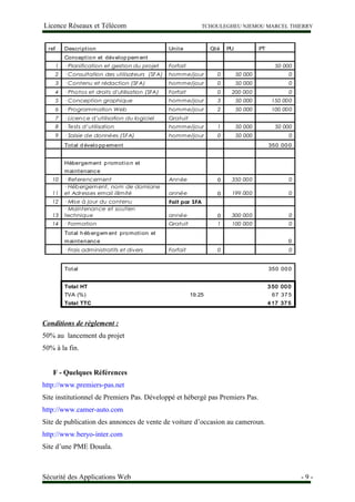 Licence Réseaux et Télécom TCHOULEGHEU NJEMOU MARCEL THIERRY
ref Description Unite Qté PU PT
Conception et dévelop pem ent
1 · Planification et gestion du projet Forfait 50 000
2 · Consultation des utilisateurs (SFA) homme/jour 0 50 000 0
3 · Contenu et rédaction (SFA) homme/jour 0 50 000 0
4 · Photos et droits d'utilisation (SFA) Forfait 0 200 000 0
5 · Conception graphique homme/jour 3 50 000 150 000
6 · Programmation Web homme/jour 2 50 000 100 000
7 · Licence d’utilisation du logiciel Gratuit
8 · Tests d’utilisation homme/jour 1 50 000 50 000
9 · Saisie de données (SFA) homme/jour 0 50 000 0
Total d éveloppement 350 000
Hébergement promotion et
maintenance
10 · Referencement Année 0 350 000 0
11
· Hébergement, nom de domiane
et Adresses email illimité année 0 199 000 0
12 · Mise à jour du contenu Fait par SFA
13
· Maintenance et soutien
technique année 0 300 000 0
14 · Formation Gratuit 1 100 000 0
Total h ébergem ent promotion et
maintenance 0
· Frais administratifs et divers Forfait 0 0
Total 350 000
Total HT 350 000
TVA (%) 19.25 67 375
Total TTC 417 375
Conditions de règlement :
50% au lancement du projet
50% à la fin.
F - Quelques Références
http://www.premiers-pas.net
Site institutionnel de Premiers Pas. Développé et hébergé pas Premiers Pas.
http://www.camer-auto.com
Site de publication des annonces de vente de voiture d’occasion au cameroun.
http://www.beryo-inter.com
Site d’une PME Douala.
Sécurité des Applications Web - 9 -
 