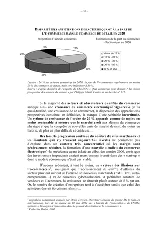 – 36 –




            DISPARITÉ DES ANTICIPATIONS DES ACTEURS QUANT À LA PART DE
                L’E-COMMERCE DANS LE COMMERCE DE DÉTAIL EN 2020
              Proportion d’acteurs concernés                  Estimation de la part du commerce
                                                                    électronique en 2020
                   9%                      19%

23%                                                                 Moins de 12 %
                                                                    [12 % - 20 %[
                                                                    [20 % - 30 %[
                                                                    [30 % - 50 %[
                                                     23%            50 % et plus

                 26%


      Lecture : 26 % des acteurs pensent qu’en 2020, la part de l’e-commerce représentera au moins
      20 % du commerce de détail, mais sera inférieure à 30 %.
      Source : d’après données de l’enquête du CREDOC « Quel commerce pour demain ? La vision
      prospective des acteurs du secteur » par Philippe Moati, Cahier de recherche n° 271.



               Si la majorité des acteurs et observateurs qualifiés du commerce
      anticipe ainsi une croissance du commerce électronique vigoureuse (et la
      quasi-totalité, une croissance de ce commerce), la dispersion des appréciations
      prospectives constitue, en définitive, la marque d’une véritable incertitude.
      Un rythme de croissance de l’ordre de 20 % apparaît comme de moins en
      moins soutenable à mesure que le marché croît aux dépens du commerce
      physique et que la conquête de nouvelles parts de marché devient, du moins en
      théorie, de plus en plus difficile et coûteuse…
               Dès lors, la progression continue du nombre de sites marchands et
      les montants qui s’y trouvent aujourd’hui investis ne permettent pas
      d’exclure, dans un contexte très concurrentiel où les marges sont
      généralement réduites, la formation d’une nouvelle « bulle » du commerce
      électronique1 -la précédente ayant éclaté au début des années 2000, après que
      des investisseurs imprudents avaient massivement investi dans des « start-up »
      dont le modèle économique n'était pas viable.
               D’aucuns redoutent, à tout le moins, un « retour des illusions sur
      l’e-commerce »2, soulignant que l’accroissement du chiffre d’affaires du
      secteur provient surtout de l’arrivée de nouveaux marchands (PME, TPE, auto-
      entrepreneurs…) et de nouveaux cyber-acheteurs. A périmètre constant de
      vendeurs et d’acheteurs, la croissance se situerait plutôt autour de 5 % par an.
      Or, le nombre de création d’entreprises tend à s’accélérer tandis que celui des
      acheteurs devrait forcément ralentir…

      1
        Hypothèse notamment avancée par Denis Terrien, Directeur Général du groupe 3Si (3 Suisses
      international), lors de la séance du 10 mai 2011 des « Mardis de l’innovation » du CNAM,
      intitulée « Stratégies d’innovation dans la grande distribution et le e-commerce ».
      2
        Catherine Barba, Ibid.
 