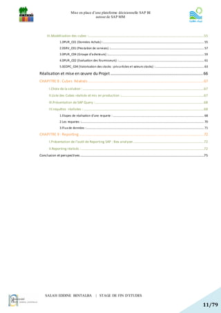 Mise en place d’une plateforme décisionnelle SAP BI
                                                 autour de SAP MM




       III.Modélisation des cubes : ..........................................................................................................................................55
                     1.0PUR_C01 (Données Achats ) :......................................................................................................................... 55
                     2.0SRV_C01 (Pres ta tion de servi ces) :................................................................................................................ 57
                     3.0PUR_C04 (Groupe d’a cheteurs) :................................................................................................................... 59
                     4.0PUR_C02 (Evaluation des fournisseurs) : ...................................................................................................... 61
                     5.0COPC_C04 (Valorisation des s tocks : pri x a rti cles et valeurs s tocks) : .......................................................... 63

Réalisation et mise en œuvre du Projet ................................................................................... 66
CHAPITRE 8 : Cubes Réalisés ........................................................................................................67
         I.Choix de la solution : .................................................................................................................................................67
         II.Liste des Cubes réalisés et mis en production :...................................................................................................67
         III.Présentation de SAP Query :..................................................................................................................................68
         IV.requêtes réalisées : ................................................................................................................................................68
                     1.Etapes de réalisation d’une requete : ............................................................................................................. 68
                     2.Les requetes :................................................................................................................................................... 70
                     3.Fl ux de données :............................................................................................................................................. 71

CHAPITRE 9 : Reporting ................................................................................................................72
         I.Présentation de l’outil de Reporting SAP : Bex analyzer.....................................................................................72
         II.Reporting réalisés : ...................................................................................................................................................72
Conclusion et perspectives ....................................................................................................................................................75




     SALAH EDDINE BENTALBA                                   | STAGE DE FIN D’ETUDES

                                                                                                                                                                                     11/79
 