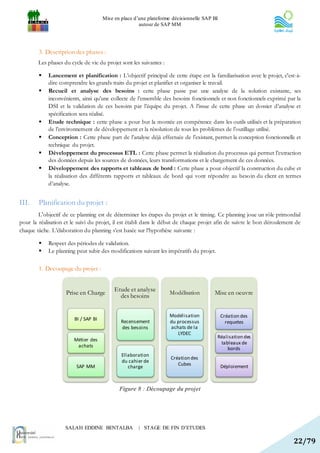 Mise en place d’une plateforme décisionnelle SAP BI
                                                      autour de SAP MM




        3. Description des phases :
        Les phases du cycle de vie du projet sont les suivantes :

           Lancement et planification : L’objectif principal de cette étape est la familiarisation avec le projet, c'est-à-
            dire comprendre les grands traits du projet et planifier et organiser le travail.
           Recueil et analyse des besoins : cette phase passe par une analyse de la solution existante, ses
            inconvénients, ainsi qu’une collecte de l’ensemble des besoins fonctionnels et non fonctionnels exprimé par la
            DSI et la validation de ces besoins par l’équipe du projet. A l’issue de cette phase un dossier d’analyse et
            spécification sera réalisé.
           Etude technique : cette phase a pour but la montée en compétence dans les outils utilisés et la préparation
            de l’environnement de développement et la résolution de tous les problèmes de l’outillage utilisé.
           Conception : Cette phase part de l’analyse déjà effectuée de l’existant, permet la conception fonctionnelle et
            technique du projet.
           Développement du processus ETL : Cette phase permet la réalisation du processus qui permet l’extraction
            des données depuis les sources de données, leurs transformations et le chargement de ces données.
           Développement des rapports et tableaux de bord : Cette phase a pour objectif la construction du cube et
            la réalisation des différents rapports et tableaux de bord qui vont répondre au beso in du client en termes
            d’analyse.


III.    Planification du projet :
        L'objectif de ce planning est de déterminer les étapes du projet et le timing. Ce planning joue un rôle primordial
pour la réalisation et le suivi du projet, il est établi dans le début de chaque projet afin de suivre le bon déroulement de
chaque tâche. L’élaboration du planning s’est basée sur l’hypothèse suivante :

           Respect des périodes de validation.
           Le planning peut subir des modifications suivant les impératifs du projet.

        1. Decoupage du projet :


                                           Etude et analyse
                    Prise en Charge          des besoins
                                                                    Modélisation       Mise en oeuvre


                                                                    Modélisation            Création des
                        BI / SAP BI           Recensement           du processus              requetes
                                              des besoins           achats de la
                                                                       LYDEC
                                                                                         Réalisation des
                        Métier des
                                                                                           tableaux de
                         achats
                                                                                              bords
                                              Ellaboration
                                                                    Création des
                                              du cahier de
                         SAP MM                                        Cubes                Déploiement
                                                 charge



                                             Figure 8 : Découpage du projet




                    SALAH EDDINE BENTALBA             | STAGE DE FIN D’ETUDES

                                                                                                                        22/79
 