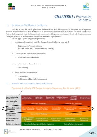 Mise en place d’une plateforme décisionnelle SAP BI
                                                        autour de SAP MM




                                                                                CHAPITRE 5 : Présentation
                                                                                                                         de SAP BI
  I.    Définition de SAP Business Intelligence :
          SAP Net Weaver BI est la plateforme décisionnelle de SAP. Elle regroupe les disciplines liées à la prise de
décision, de l'alimentation du data Warehouse à la publication des informations. Elle donne une vision analytique de
l'activité de l'entreprise à partir de l'étude des diverses données. Elle permet aux décideurs de suivre le fonctionnement de
l'entreprise, d'étudier sa performance et d'en déduire les tendances prospectives.
          Elle fait appel à quatre catégories d'applications :
           La collecte et l’extraction à partir des données brutes. On dispose pour cela de :

            •      De procédures d’extraction internes
            •      Des ETL (Extraction, Transformation and Loading)

           Le stockage et la consolidation des données :

            •       Dataware house, ou Datamart


           La recherche des tendances fortes :

            •       Le datamining

           la mise en forme et la restitution :

            •      Le décisionnel
            •      Collaboration et Knowledge Management

 II.    Business MAP de l’infrastructure NetWeaver :
        Présentation de la Couche SAP Business Information Management dont fait partie SAP BI



                                                                                                          Enterprise
User Productivity          Running an            Enabling User     Business Task   Mobilizing Business
                                                                                                          Knowledge        Enterprise Search
Enablement               Enterprise Portal       Collaboration     Management          Processes
                                                                                                         Management
Data Unification
                                        Master-Data Management                                   Enterprise Data Warehousing


Business Information     Enterprise Reporting, Business Planning and       Enterprise Data     Enterprise Knowledge
                                                                                                                         Enterprise Search
Management                Query, and Analysis   Analytical Services         Warehousing            Management

Business Event
                                       Business Activity Monitoring                               Business Task Management
Management

                         Enabling Application-
End-to-End Process                                Enabling Business-to-    Business Process      Enabling Platform         Business Task
                            to-Application
Integration                                        Business Processes        Management           Interoperability         Management
                              Processes

Custom Development         Developing, Configuring, and Adapting Applications                  Enabling Platform Interoperability



                      SALAH EDDINE BENTALBA                  | STAGE DE FIN D’ETUDES

                                                                                                                                           38/79
 
