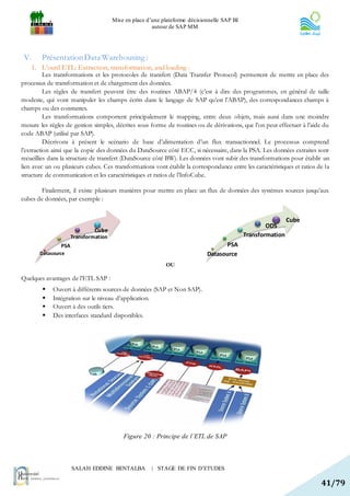 Mise en place d’une plateforme décisionnelle SAP BI
                                                       autour de SAP MM




 V.     Présentation Data Warehousing :
    1. L’outil ETL: Extraction, transformation, and loading :
          Les transformations et les protocoles de transfert (Data Transfer Protocol) permettent de mettre en place des
processus de transformation et de chargement des données.
          Les règles de transfert peuvent être des routines ABAP/4 (c’est à dire des programmes, en général de taille
modeste, qui vont manipuler les champs écrits dans le langage de SAP qu’est l’ABAP), des correspondances champs à
champs ou des constantes.
          Les transformations comportent principalement le mapping, entre deux objets, mais aussi dans une moindre
mesure les règles de gestion simples, décrites sous forme de routines ou de dérivations, que l’on peut effectuer à l’aide du
code ABAP (utilisé par SAP).
          Décrivons à présent le scénario de base d’alimentation d’un flux transactionnel. Le processus comprend
l’extraction ainsi que la copie des données du DataSource côté ECC, si nécessaire, dans la PSA. Les données extraites sont
recueillies dans la structure de transfert (DataSource côté BW). Les données vont subir des transformations pour établir un
lien avec un ou plusieurs cubes. Ces transformations vont établir la correspondance entre les caractéristiques et ratios de la
structure de communication et les caractéristiques et ratios de l’InfoCube.

       Finalement, il existe plusieurs manières pour mettre en place un flux de données des systèmes sources jusqu’aux
cubes de données, par exemple :


                                                                                                              Cube
                                                                                                     ODS
                               Cube
                      Transformation                                                         Transformation
                PSA                                                                PSA
       Datasource                                                            Datasource
                                                            OU

Quelques avantages de l’ETL SAP :
           Ouvert à différents sources de données (SAP et Non SAP).
           Intégration sur le niveau d’application.
           Ouvert à des outils tiers.
           Des interfaces standard disponibles.




                                           Figure 20 : Principe de l’ETL de SAP



                      SALAH EDDINE BENTALBA            | STAGE DE FIN D’ETUDES

                                                                                                                          41/79
 