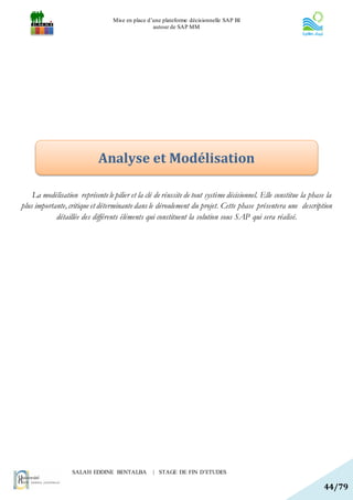 Mise en place d’une plateforme décisionnelle SAP BI
                                                  autour de SAP MM




                             Analyse et Modélisation

    La modélisation représente le pilier et la clé de réussite de tout système décisionnel. Elle constitue la phase la
plus importante, critique et déterminante dans le déroulement du projet. Cette phase présentera une description
            détaillée des différents éléments qui constituent la solution sous SAP qui sera réalisé.




                   SALAH EDDINE BENTALBA          | STAGE DE FIN D’ETUDES

                                                                                                                  44/79
 
