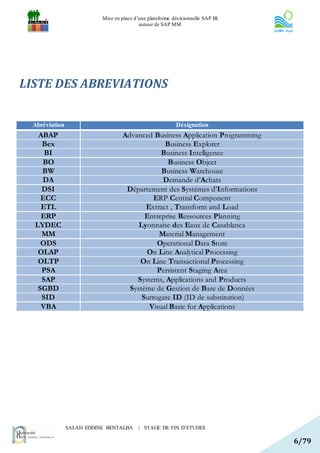Mise en place d’une plateforme décisionnelle SAP BI
                                          autour de SAP MM




LISTE DES ABREVIATIONS


 Abréviation                                              Désignation
   ABAP                           Advanced Business Application Programming
    Bex                                        Business Explorer
     BI                                       Business Intelligence
    BO                                          Business Object
    BW                                        Business Warehouse
    DA                                        Demande d’Achats
    DSI                            Département des Systémes d’Informations
    ECC                                     ERP Central Component
    ETL                                  Extract , Transform and Load
    ERP                                  Entreprise Ressources Planning
  LYDEC                                Lyonnaise des Eaux de Casablanca
    MM                                       Material Management
    ODS                                      Operational Data Store
   OLAP                                  On Line Analytical Processing
   OLTP                                On Line Transactional Processing
    PSA                                      Persistent Staging Area
    SAP                               Systems, Applications and Products
   SGBD                             Système de Gestion de Base de Données
    SID                                 Surrogate ID (ID de substitution)
    VBA                                   Visual Basic for Applications




               SALAH EDDINE BENTALBA      | STAGE DE FIN D’ETUDES

                                                                                6/79
 